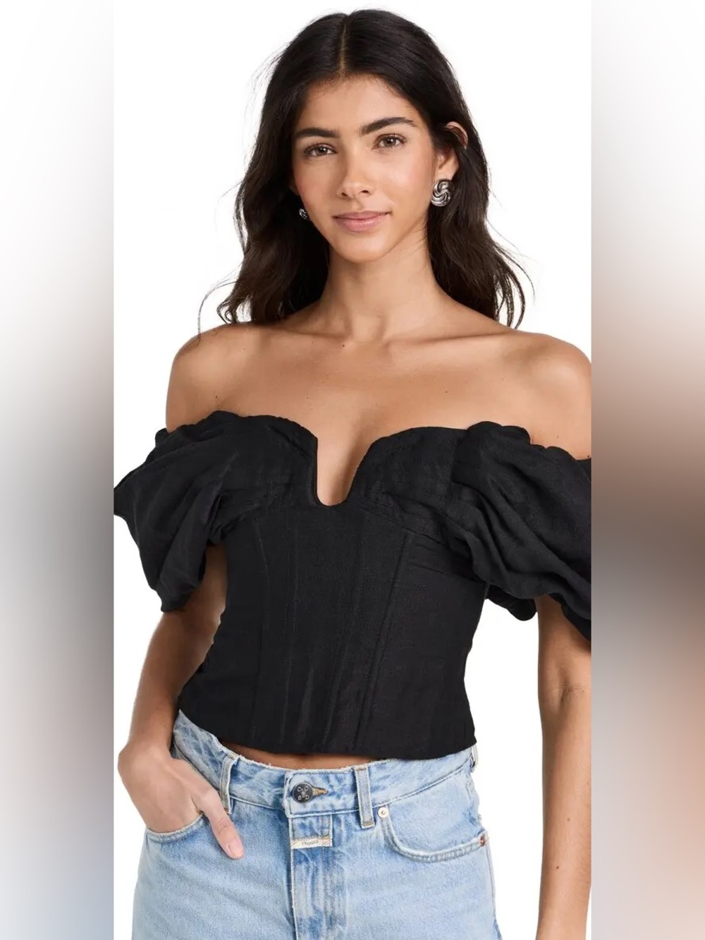 Black Off-Shoulder Puff-Sleeve Corset Top